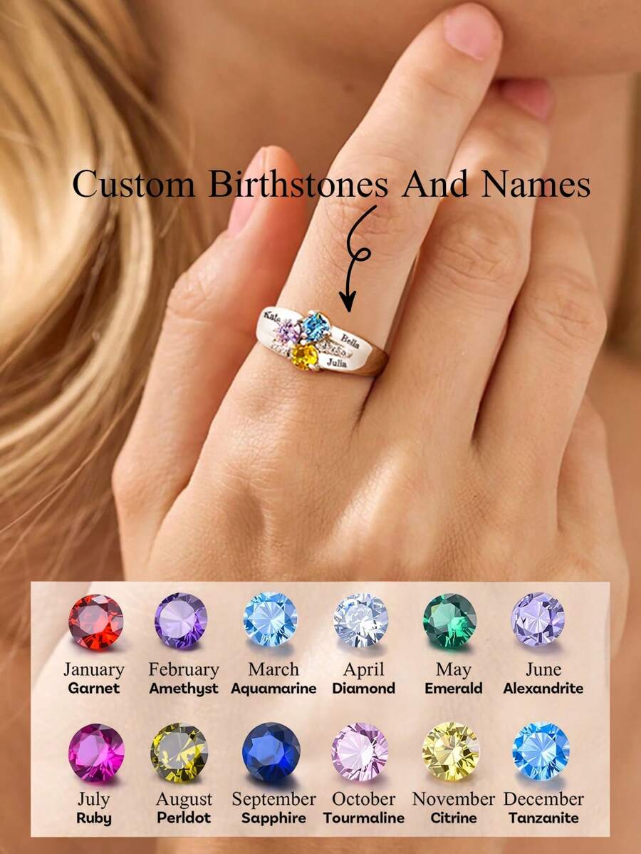 1 pezzo Anello personalizzato in argento sterling S925 con zirconia cubica, pietra natale e nome personalizzato, gioiello di alta qualità per donna, regalo per anniversario, festa della mamma