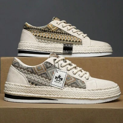 Men's Canvas Retro Printed Fashion Fisherman Shoes, Versatile For All Seasons, Soft Woven Non-Slip Sole Comfortable Sneakers, Suitable For Outdoor, Thanksgiving, Daily Wear, Dating, Shopping