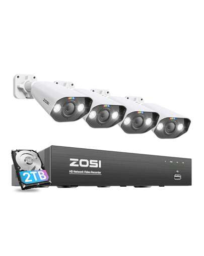  ZOSI 4K PoE Überwachungskamera Set mit 8CH 2TB HDD NVR und 4X 8MP Outdoor PoE IP Kamera, Personenerkennung, Farbe Nachtsicht, Flutlicht Außen Smart Videoüberwachung System