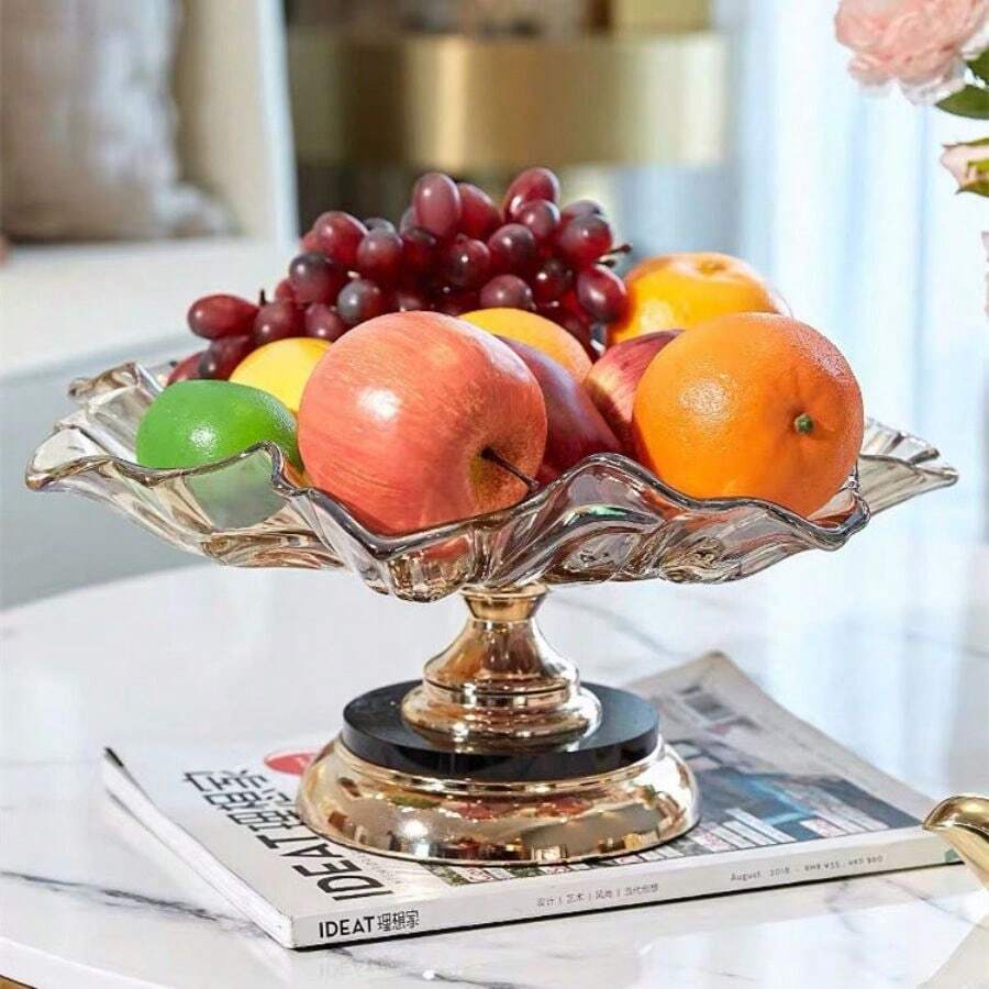 Crystal Glass Candy & Nut Serving Platter With Gold Metal Base, Divided Serving Tray For Cookie & Fruit, Food Tray Container, Rotatable Snack Plate - Gold - View 1