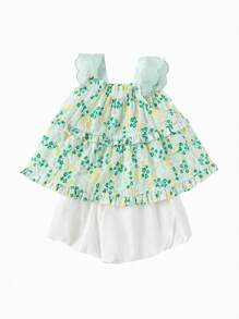 Balabala Kids' Set Girls' Short Sleeve Summer 2024 New Small Floral Suspenders Cute Lantern Pants