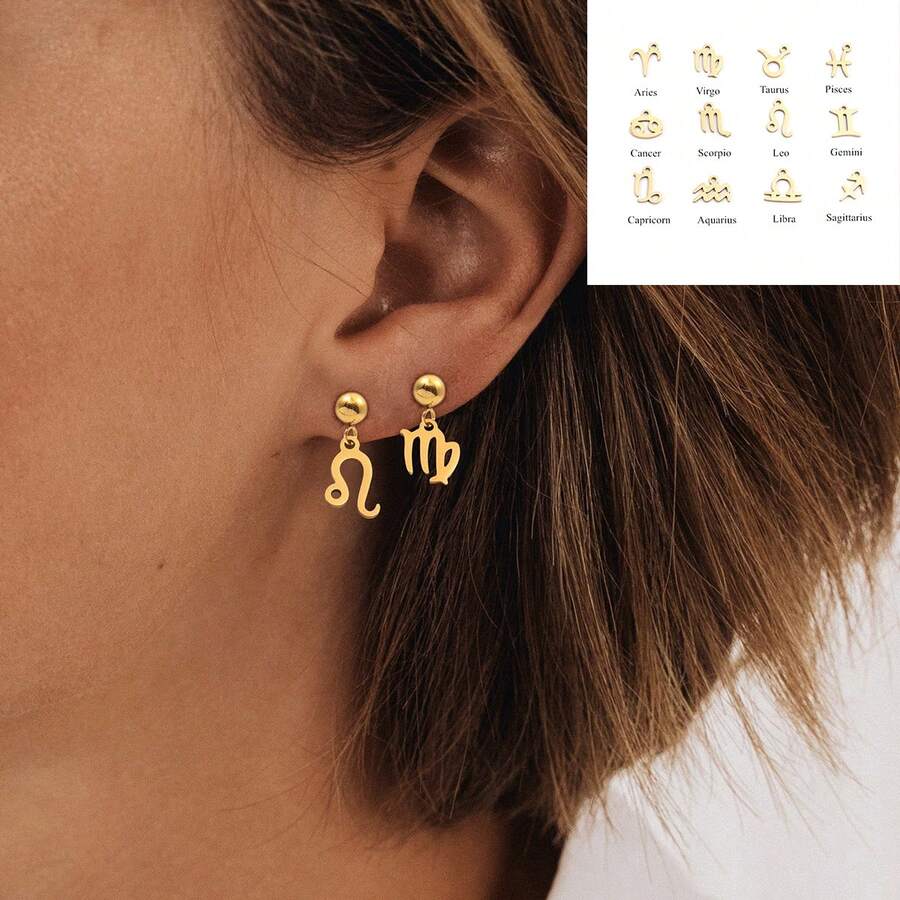 1 par de aretes colgantes de acero inoxidable con signo del zodíaco de moda para mujeres - Amarillo Oro - Ver 1