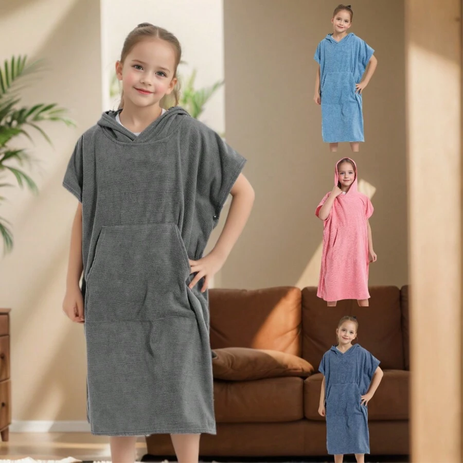 MUTAO 1pc Quick-Drying Comfortable Changing Robe With Pocket And Hooded Towel, Solid Color, Suitable For Beach And Bathroom - shell pink - View 1