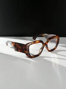 1pc Women's Leopard Print Square Wide-Leg Retro Fashionable Personalized Leopard Print Square Frame Flat Lens Glasses, Slim Look, Suitable For Daily Commute - Clear - View 5