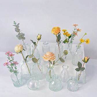 15pcs/Set Glass Bulb Vases - Mini Curvy Vases For Wedding Decoration, Home Table Centerpieces, Embossed Small Vases, Entrance Hall Flower Vases Decor