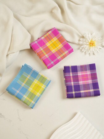 1 Set Of 3 Pieces 17 Inch Lady Grid Handkerchiefs For Daily Use, Sweat-Absorbing, Multiple Colors, 43CM