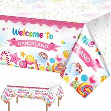 1Pc, Pink Candy Land Tablecloths Sweet Candy Lollipop Tablecloths Candyland Birthday Table Covers For Candyland Themed Birthday Party Baby Shower Decoration, Rectangle Table Cover Table Decoration - As Shown In the Figure - View 1