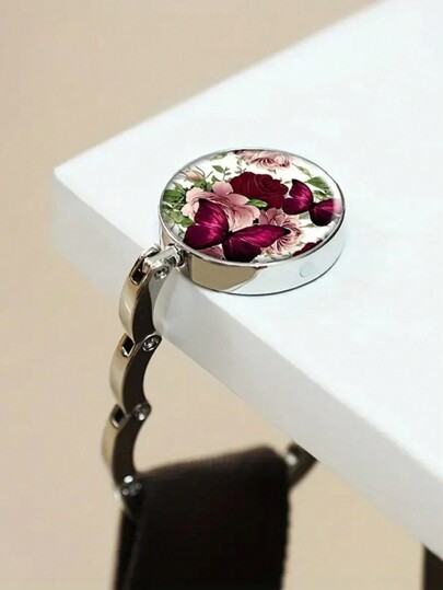 1pc Gancho de mesa para bolsos Exquisito con patrón de rosa y mariposa - Gancho conveniente para bolsos
