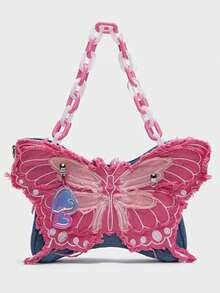 一款粉色牛仔蝴蝶對撞色校園肩袋，愛心蝴蝶結個性化日常百搭單肩斜挎外星人多巴胺腋下袋 - 粉色 - 查看 6