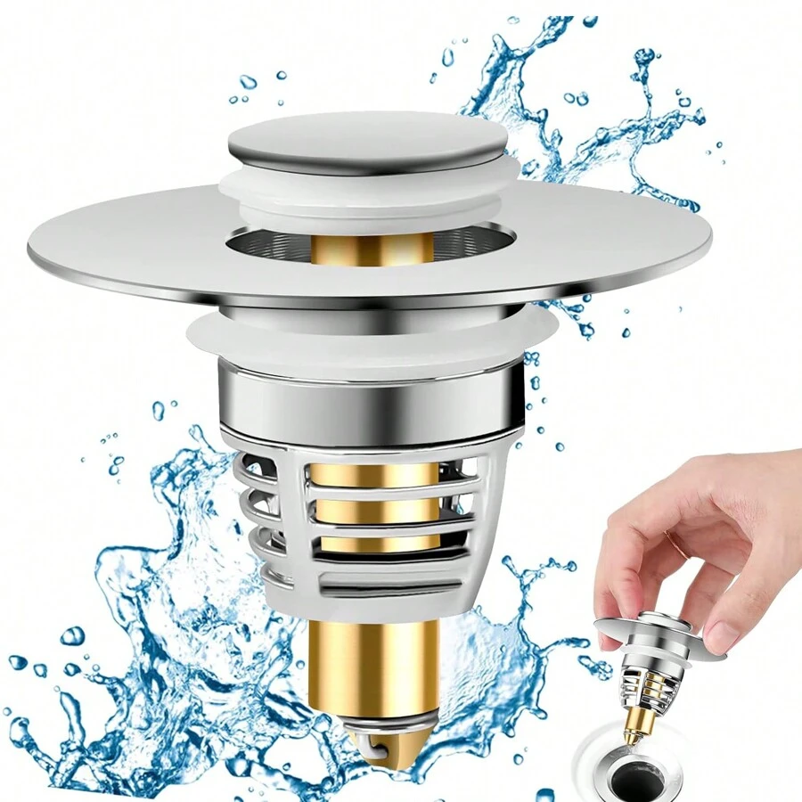 1-1.65 Inch Stainless Steel Universal Sink Drain Stopper, Drain Filter With Hair Catcher For Push Down Bathroom Sink, Chrome Plated Bathroom Decor Fall Decor Back To School