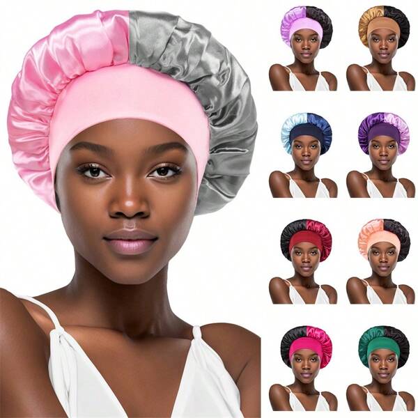 Color Block Satin Bonnets Classic Elastic Night Cap Soft Hair Protection Perm Hat Casual Hair Bonnets For Women Girls, Back To School, Travel Holiday Essentials, Hair Accessories For Women