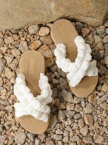 New Spring And Summer Original Design Women Fashionable Crossed White Sandals With Gentle Elegant, Casual Princess Style, Woven Wedge Heel And  Patterned Sole, Versatile