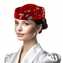 Vintage Knitted Felt Pillbox Rhinestone Hat Women's  Derby Veil Flower Fedora