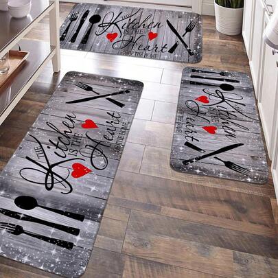 1/2 Pc Heart Shaped Wooden Board Text & Graphic Print Kitchen Mat, Soft Plush Rectangular Non-Slip Absorbent Floor Mat For Kitchen, Dining Room, Living Room