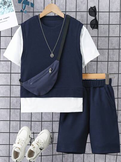2pcs/Set Boys' Casual Solid Color Combo Short Sleeve Mock Layer T-Shirt And Shorts With Sling Bag, Spring/Summer