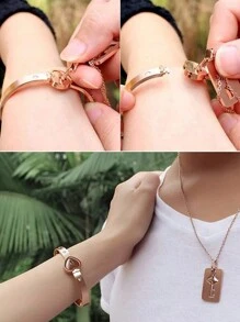 Vòng tay khóa và dây chuyền chìa khóa - Trang sức cặp đôi bằng thép titan, Quà tặng lãng mạn cho ngày lễ tình nhân, sinh nhật, giáng sinh, đám cưới, kỷ niệm, mẹ, mẹ, ngày của mẹ, quà tặng - Vàng - Xem 2