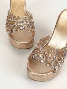 Women Wedge Heel Rhinestone Thong Sandals With Platforms - Champagne - View 7