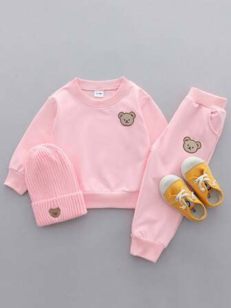 Baby Boy Solid Color Cartoon Bear Pattern Long Sleeve Crew Neck Outfit Set, Excludes Shoes & Hat, Spring/Fall