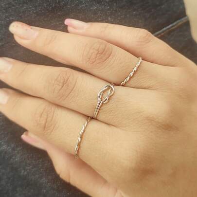 Kit com 3 Anéis de Prata 925 Torcido + Nó Composição de Anéis Blogueira Feminino