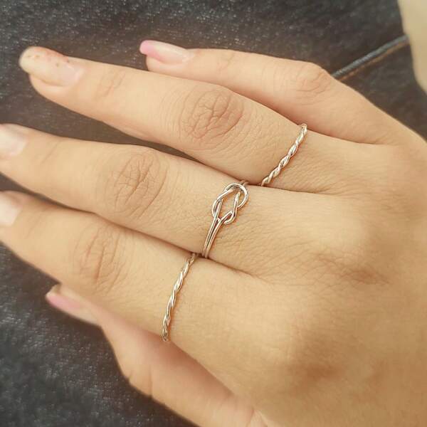 Kit com 3 Anéis de Prata 925 Torcido + Nó Composição de Anéis Blogueira Feminino
