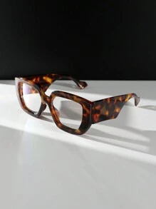 1pc Women's Leopard Print Square Wide-Leg Retro Fashionable Personalized Leopard Print Square Frame Flat Lens Glasses, Slim Look, Suitable For Daily Commute - Clear - View 4