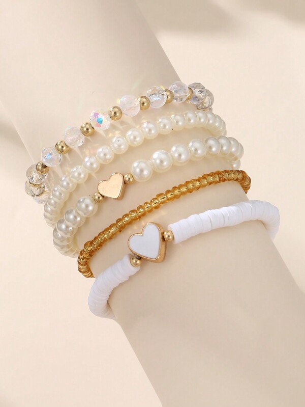 Pulsera de cuentas de arroz de corazón de niñas con 5 piezas / conjunto de perlas de arcilla de polímero con forma de corazón