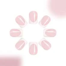 24入組短款光澤方形指甲，簡約粉色法式款式，帶有白邊，適合歐美風格，附有果凍膠和指甲文件。貼式指甲美容用品 - 淺粉色 - 查看 3