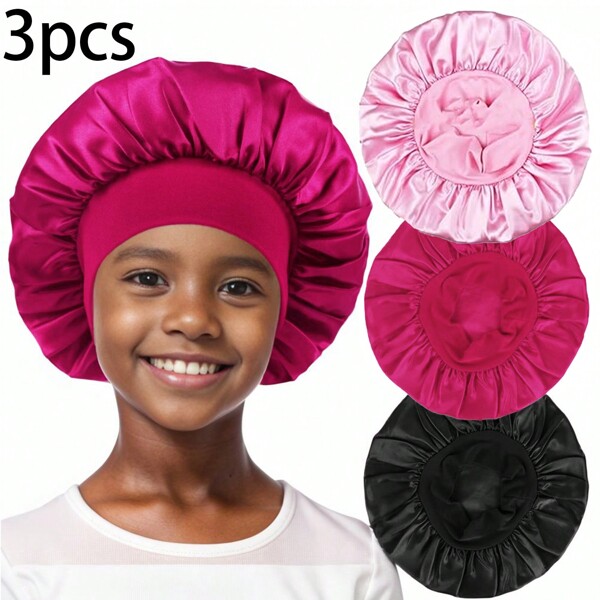 Awegeo 3 piezas de gorro con ala ancha para niños, tela elástica y sedosa de spandex, gorro de dormir cómodo y moderno para uso diario, accesorio para el cabello