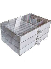 1 hộp đựng trang sức nhung ba lớp đựng hoa tai và khuyên tai, hộp đựng trang sức chống bụi và đa chức năng có 3 ngăn kéo; có thể xếp chồng để trưng bày và cất giữ hoa tai, vòng cổ, nhẫn và vòng tay cho phụ nữ, cho kỳ nghỉ bãi biển, bộ sưu tập phòng tắm, bộ sưu tập phòng ngủ, dung tích lớn - Xám - Xem 4