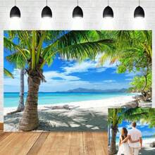 Fondo de fotografía de playa con cielo azul y nubes blancas y árboles de coco para decoración de fiesta de verano, fotos de bodas de verano en la playa, tomas de retrato de pareja y familia en el estudio - Rosa - Ver 1