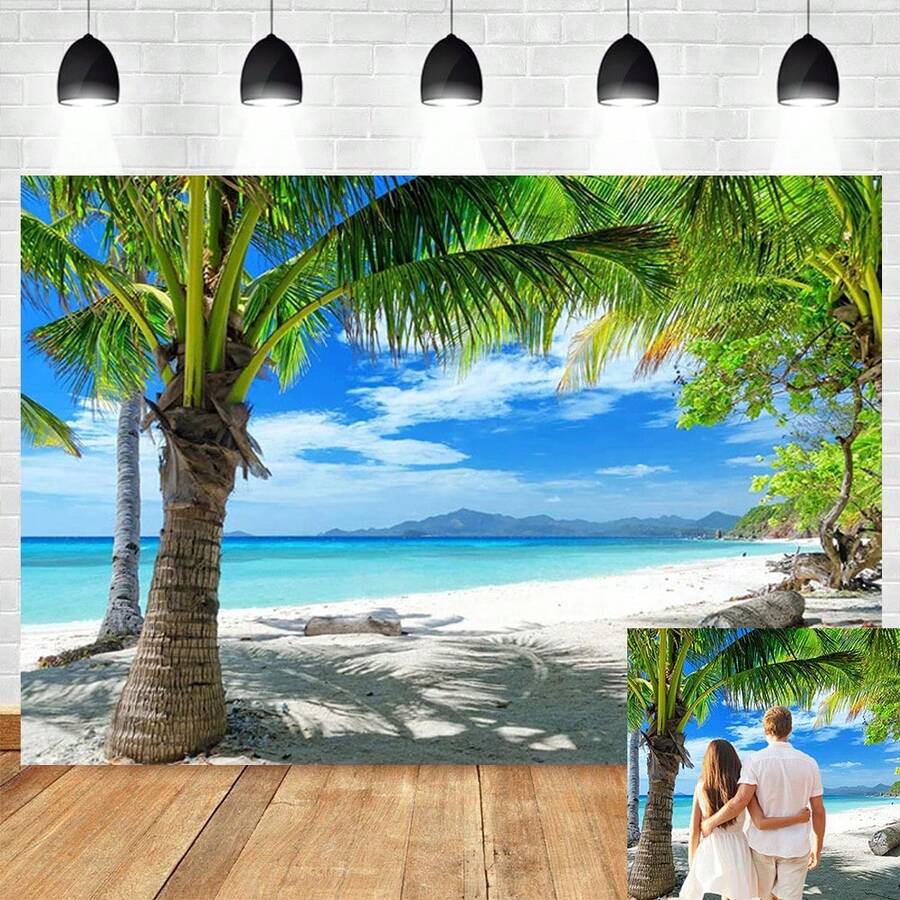 Fondo de fotografía de playa con cielo azul y nubes blancas y árboles de coco para decoración de fiesta de verano, fotos de bodas de verano en la playa, tomas de retrato de pareja y familia en el estudio - Rosa - Ver 1