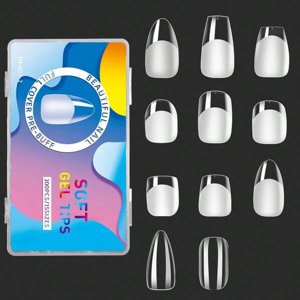 Conjunto de 300 puntas de uñas postizas de gel transparente mate en 15 tamaños, puntas de uñas ultra ajustadas y cubierta completa natural para salones de belleza y suministros de uñas de arte para hacer presión en las uñas