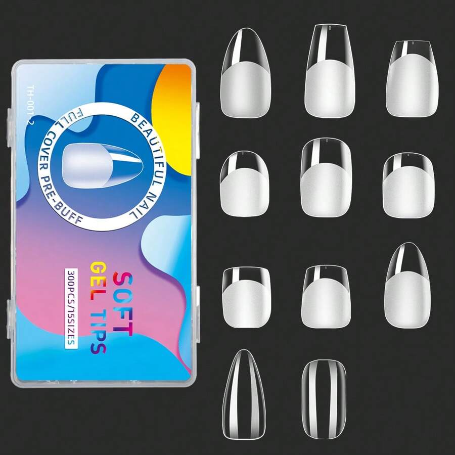 Half Matte Clear False Gel Nail Tips 15 Sizes, 300Pcs, Ultra Fit & Natural Full Cover Nail Tip For Nail Salons And DIY Nail Art Press On Nails Nail Supplies - Clear - View 1