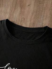 Camisa con estampado de letras para mujer Camiseta casual suelta con estampado gráfico - Negro - Ver 4