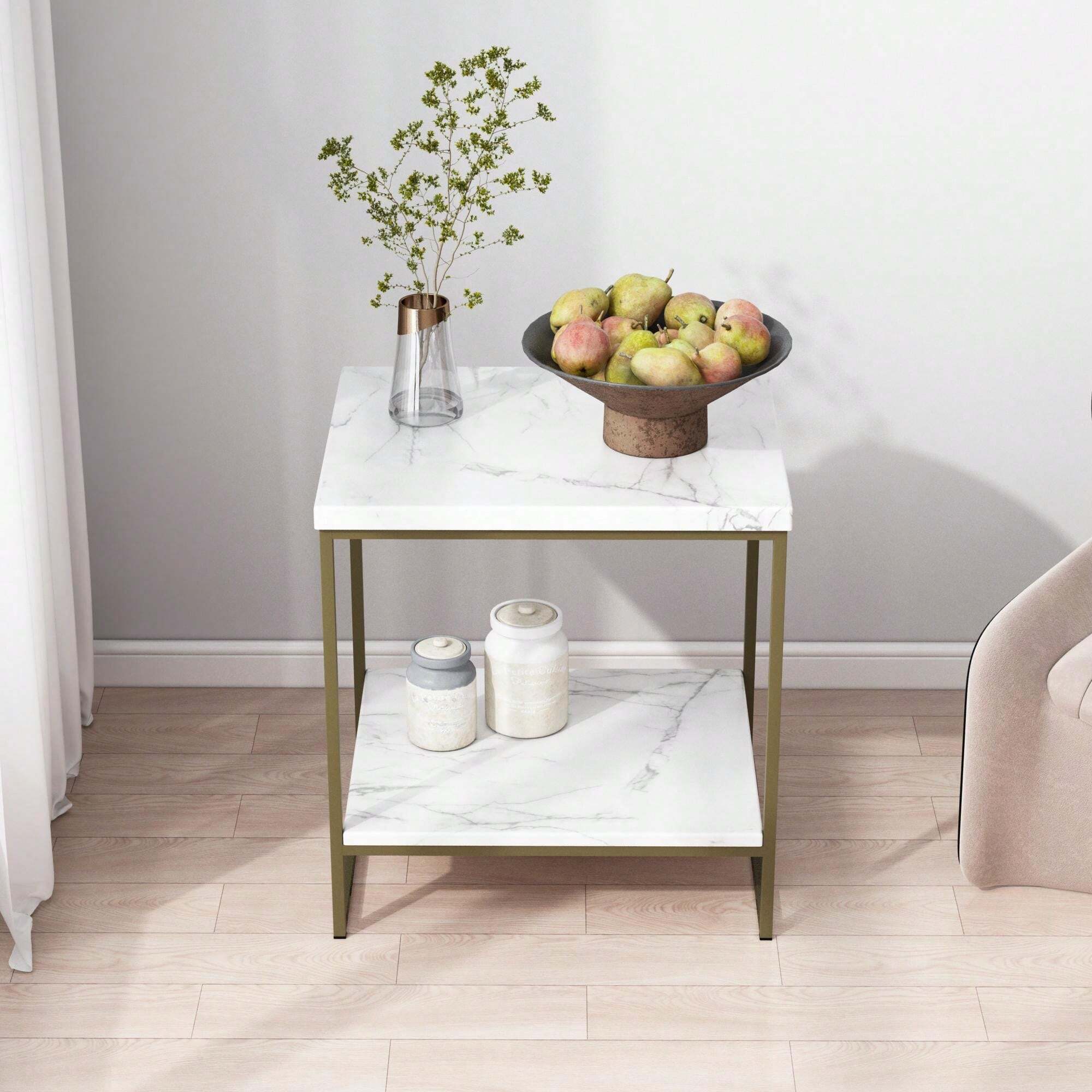 Roomfitters Faux Marble End Table, Side Table, 2Tier Sofa Table