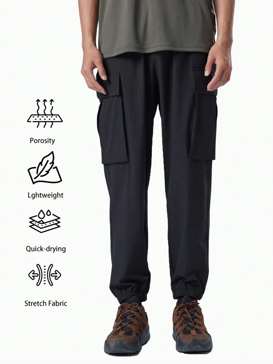 TECTOP 男士工作褲郊遊貨物運動長褲繩帶腰帶運動褲口袋快干健身輕量化 - 黑色 - 查看 1