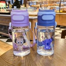 Outdoor Cartoon Plastic Water Bottle With Strap, Straw, Anti-Fall, Bouncing Cover And Scale - Blue - View 5