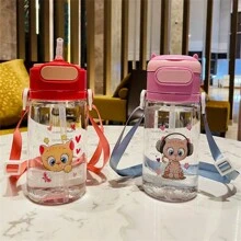 Outdoor Cartoon Plastic Water Bottle With Strap, Straw, Anti-Fall, Bouncing Cover And Scale - Blue - View 3