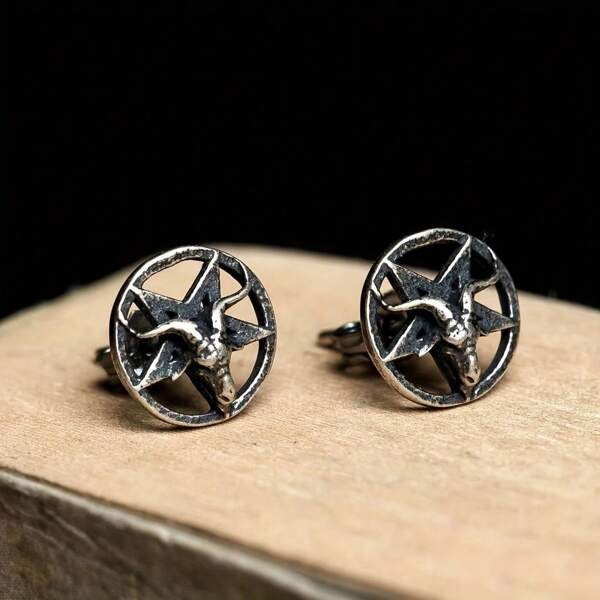 1 Pair Retro Silver Pentagram Ram Head Earrings Suitable For Men And Women Daily Wear Jewelry