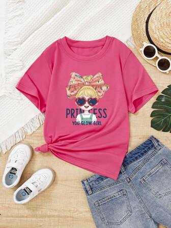 Tween Girl Summer Butterfly Printed Short Sleeved Top Cute Cartoon Casual Style