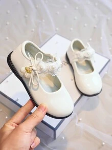 Giày công chúa cho bé gái, Giày da nhỏ có khóa ngọc trai cho bé gái, Giày đế mềm chống trượt cho trẻ em, Giày bệt thoáng khí cho mọi mùa, Giày khiêu vũ ren đính hạt cho trẻ em - trắng - Xem 3