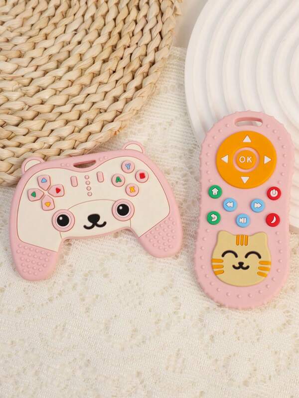 2 Pacotes Brinquedos de Dentição de Controle Remoto de Gato Cartoon e Brinquedos de Dentição de Controle Remoto de Simulação de Urso de Pelúcia, Brinquedos de Console de Jogo de Desenvolvimento Intelectual, Brinquedos Perfeitos de Mastigação Sensorial para Bebês de 6 a 12 Meses