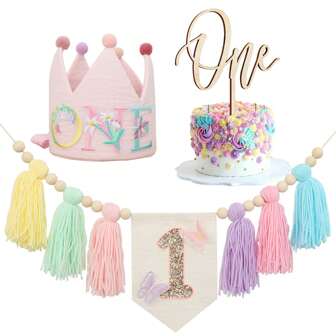 Handmade First Birthday Decorations Set - 1-Year Old Crown Hat, Macarons, Shiny Tassel Pennant Flags