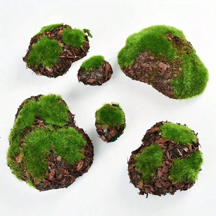 6 piezas de piedras artificiales con musgo para decoración del paisaje, bolas de musgo mini para decorar el jardín, ideales para jardín de hadas, acuario, plantas en maceta, Día de San Valentín, regalo - Multicolor - Añade 6