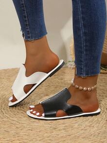 Nuevas sandalias para mujer de bloqueo de color blanco y negro, zapatillas, uso dual en la playa y en interiores, cómodas para deslizar - Blanco y Negro - Ver 4