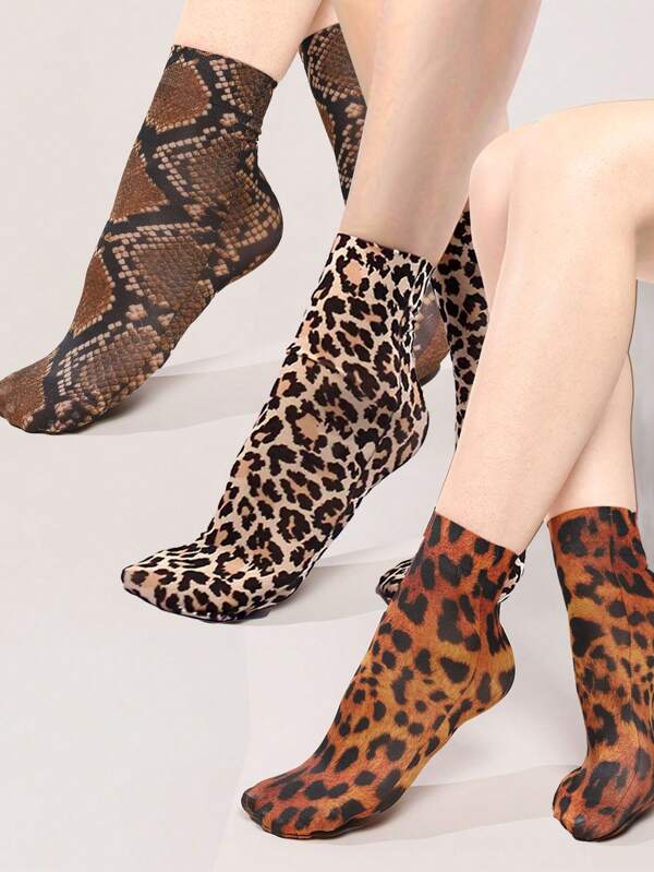 3 pares de calcetines finos estampados de leopardo, tigre, serpiente y pitón, calcetines tobilleros suaves y ligeros, calcetines hasta la rodilla y pantimedias para mujer
