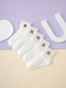 5 pares de medias interesantes de media pantorrilla básicas y personalizadas con patrón bordado de osito de peluche, de moda y para todos los días para niños - Blanco - Ver 1