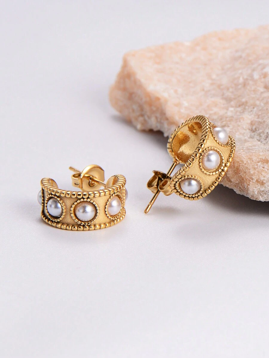 1 par de aretes de acero de titanio en tono dorado con perlas para joyería de mujeres - Dorado - Ver 1