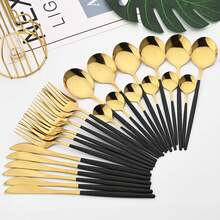 FANTEXY 24Pcs Black Handle Golden Cutlery Set Stainless Steel Knife Fork Spoon Tableware Flatware Set Festival Kitchen Dinnerware Gift - Black Gold - View 3