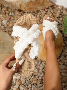 New Spring And Summer Original Design Women Fashionable Crossed White Sandals With Gentle Elegant, Casual Princess Style, Woven Wedge Heel And  Patterned Sole, Versatile